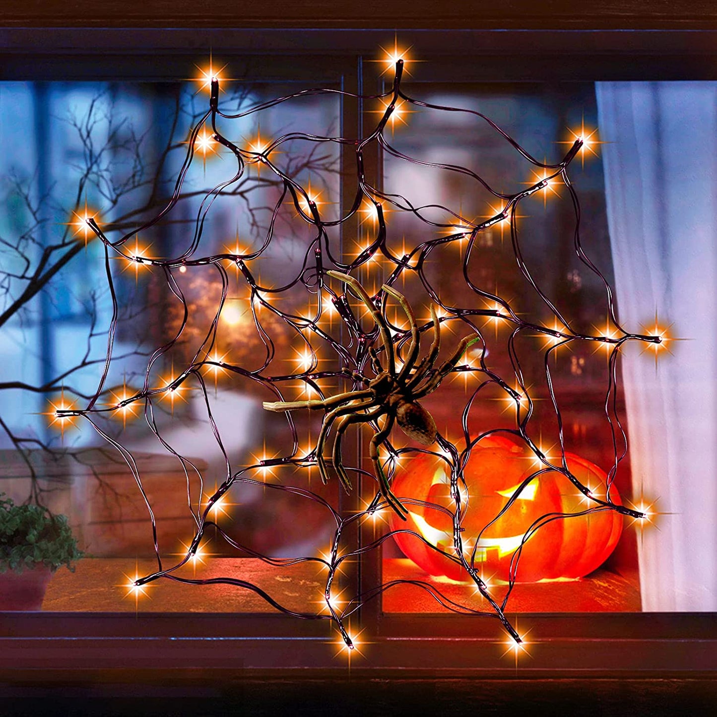 Halloween Decorations Orange Lights Spider Web 24In 60LED Spider Web Lights with Spider, 2 Modes Light up Cobweb Halloween Decorations for Indoor Ourdoor Garden Yard Home Patio